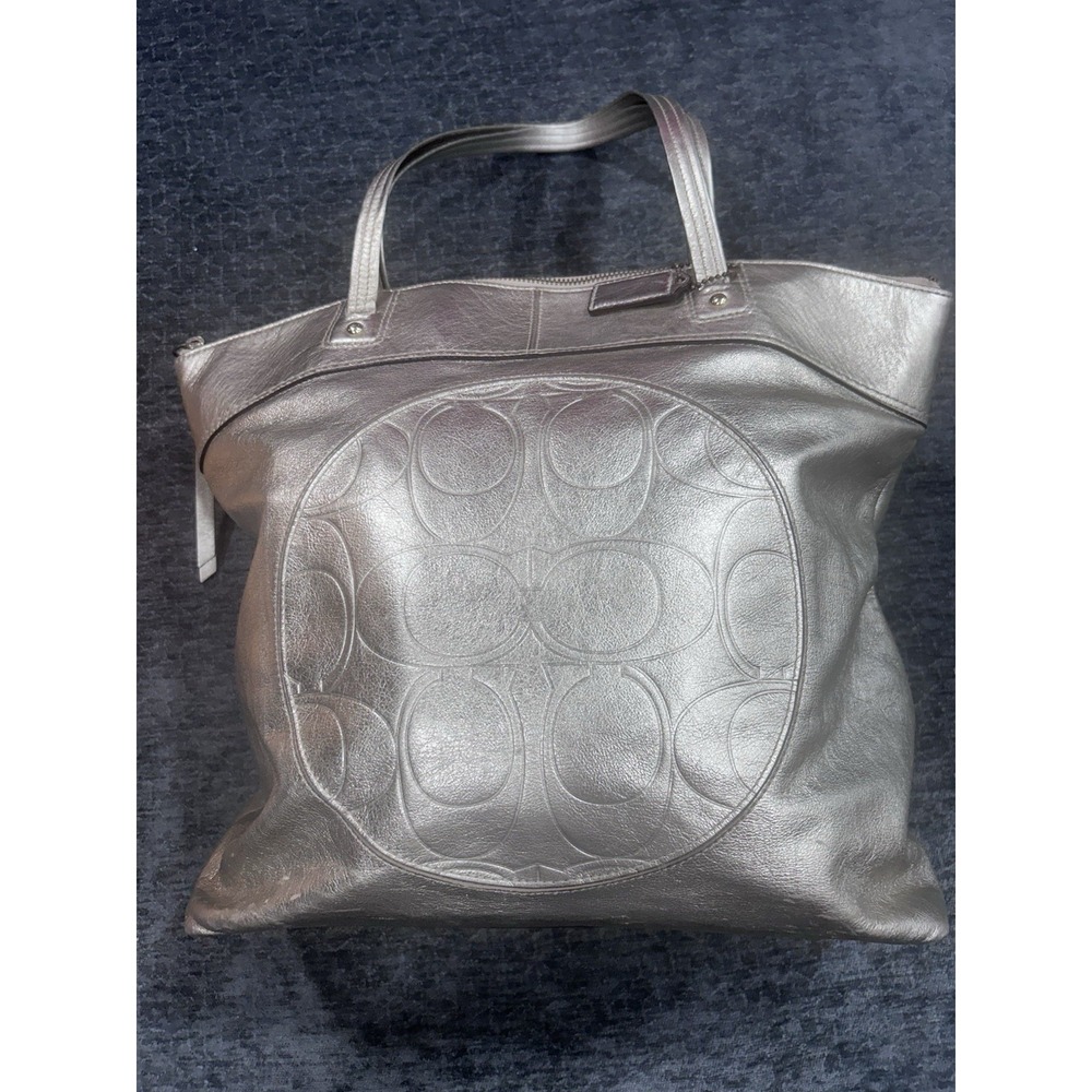 Coach Laura F18336 Metallic Silver Leather Large Tote Embossed Signature C